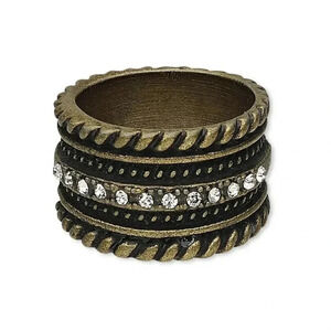 Art Deco Antique Brass Austrian Crystal Geometric Carved Metal Ring US Size 8